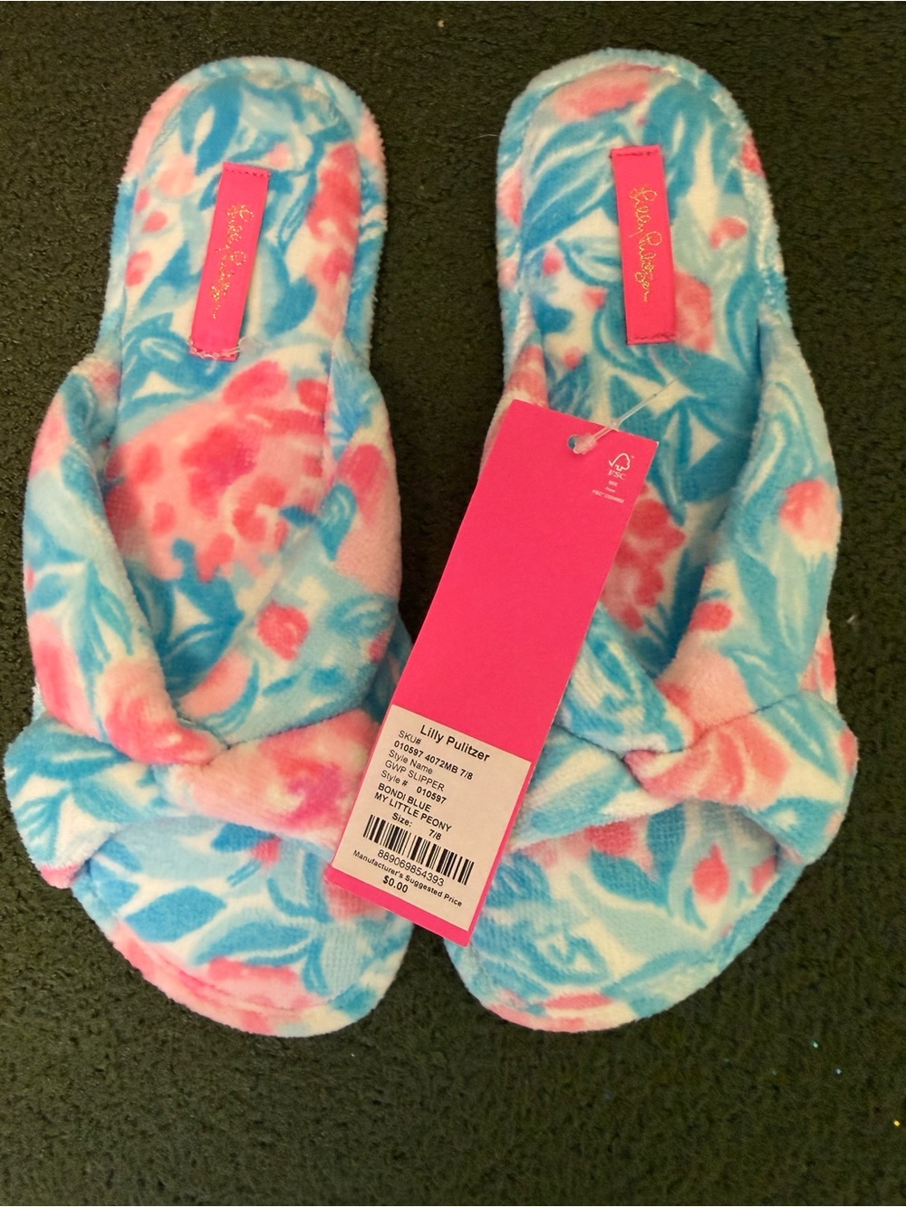 Lilly Pulitzer Plush Knotted Slide Slippers — Pink & Blue Floral